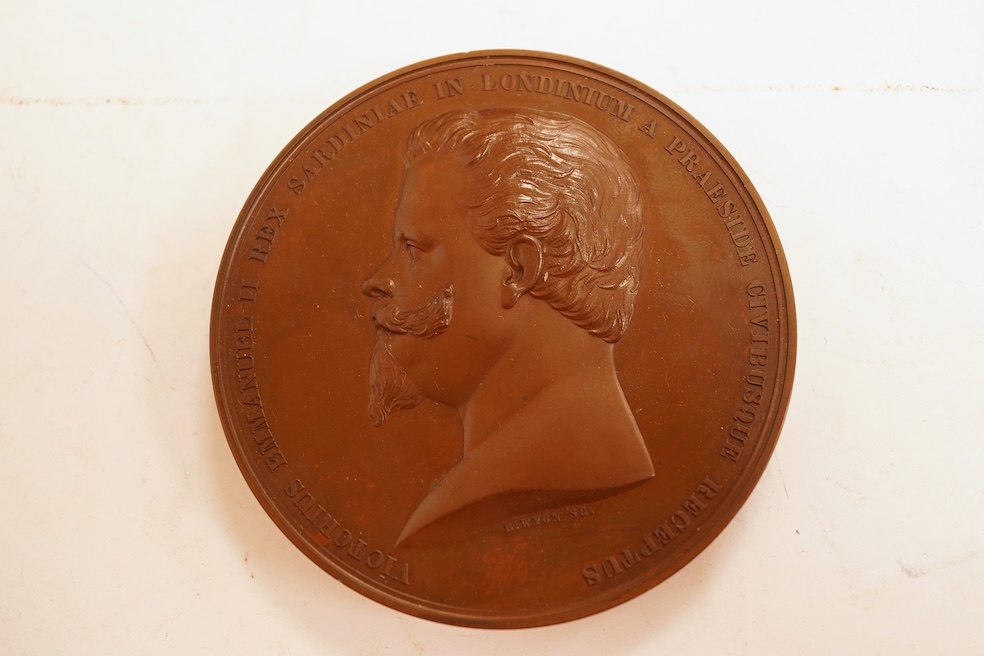 Victoria medals, Visit of Vittorio Emanuele II, King of Sardinia, to London 1855, bronze medal by B. Wyon, head left, rev. Londinia and Britannia welcome Sardinia, 77mm, BHM 2567, EF, scarce, only 350 struck, in case of